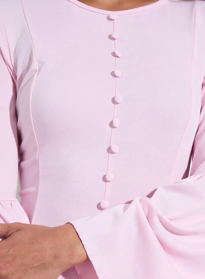 Styli  Pink Solid Button Detail Long Bell Ruffled Sleeves A-Line Maxi Dress for Women | Best Price UAE
