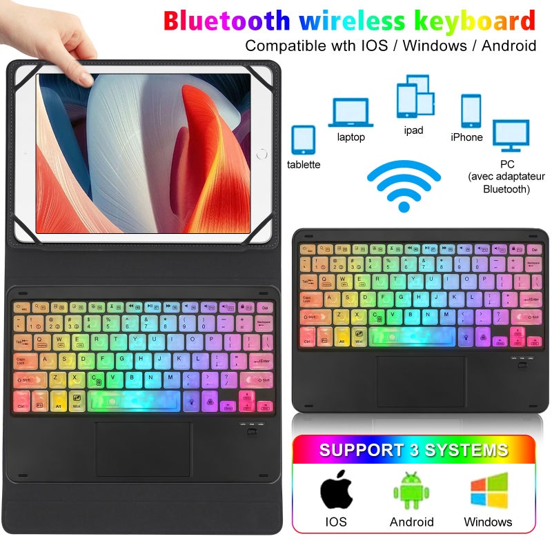 Bluetooth Keyboard Protective Case: 9-Inch To 11-Inch Black Polycarbonate Shell - Smooth ABS Buttons 7-Color Backlit Touchpad Shortcut Keys For Universal IOS Android Windows Tablet Home Office Outdoor - Image 1