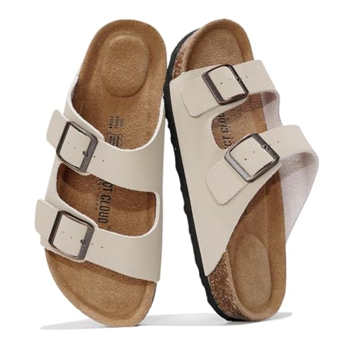 Project Cloud Genuine Leather Flat Sandals Women 2025 Beach Essentials Womens Sandals Memory Foam Vacation Essentials Slides for Women Footwear (Venita, Beige, 5.5) - Image 1