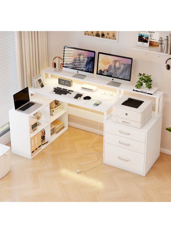 GoldenLike Computer Desk with Power Port and Remote Control Light Strip, 166CM Workstation Table with Monitor Riser, Storage Shelves and 3-Drawer Cabinet for Home, Office - Image 1