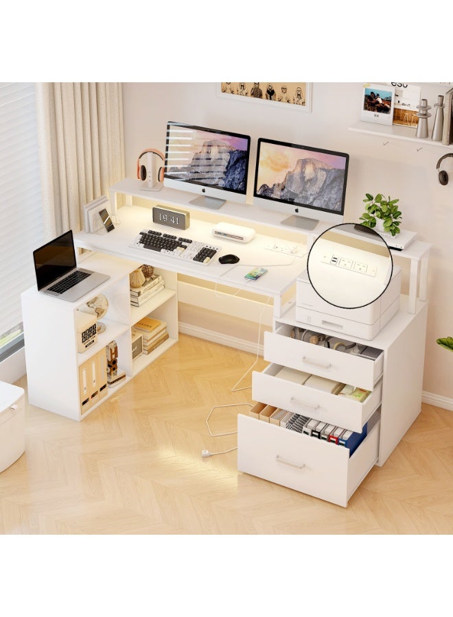 GoldenLike Computer Desk with Power Port and Remote Control Light Strip, 166CM Workstation Table with Monitor Riser, Storage Shelves and 3-Drawer Cabinet for Home, Office - Image 2