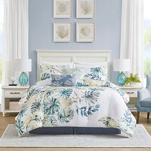 Harbor House Cozy Cotton Comforter Set  Coastal All Season Down Alternative Casual Bedding with Matching Shams Decorative Pillows Lorelai Monstera Leaf Green Queen92x96 6 Piece