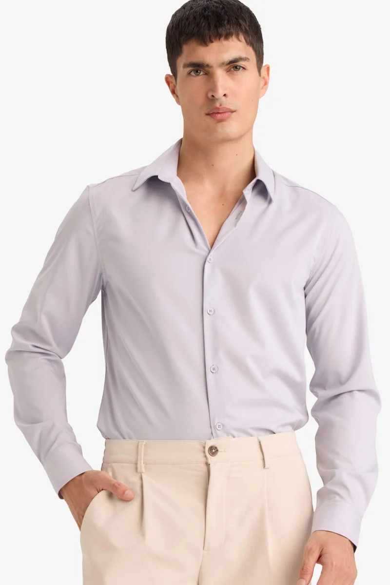 ديفاكتو Slim Fit Polo Collar Basic Long Sleeve Shirt