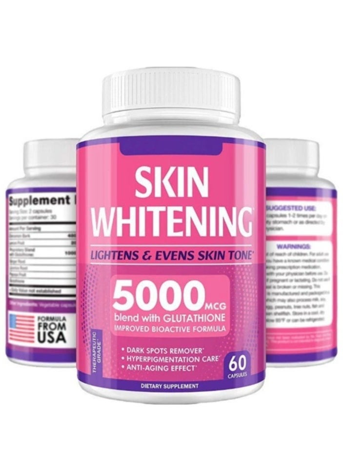SKIN - Glutathione Whitening Pills - 60 Capsules 5000mg Glutathione - Effective Skin Lightening Supplement - Dark Spots, Melasma & Acne Scar Remover, Hyperpigmentation Treatment - Anti-Aging Antioxidant - Image 1