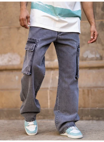 Maniac Maniac Mens Solid Baggy Shadow Grey Denim Fabric Cargo Jean