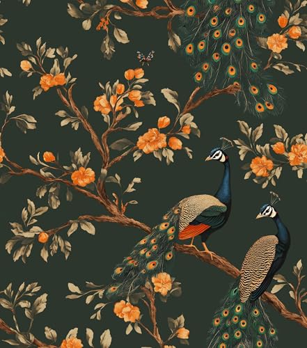 Laatse Dark Green Wallpaper Peel and Stick Vintage Peacock Floral Contact Paper 175 x 3937 Botanical Flower Wall Paper Self Adhesive Removable Waterproof for Bathroom Walls Shelves Cabinet Table Decor - Image 1