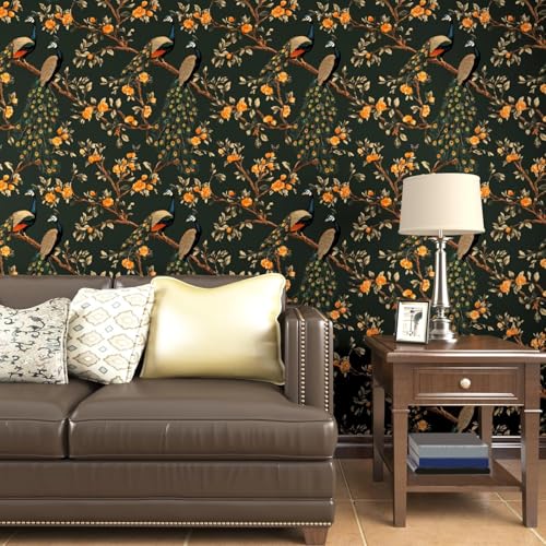 Laatse Dark Green Wallpaper Peel and Stick Vintage Peacock Floral Contact Paper 175 x 3937 Botanical Flower Wall Paper Self Adhesive Removable Waterproof for Bathroom Walls Shelves Cabinet Table Decor - Image 3