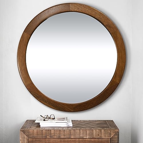 Round Mirror 36 InchWood Rustic Bathroom Tempered Wall Mirror with Walnut FrameFarmhouse Wooden Vanity Circle Mirror for Living RoomEntryway or BedroomWalnut Brown