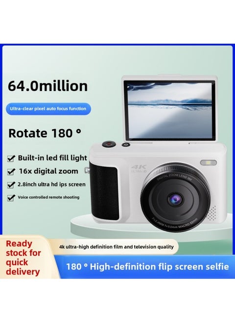 4K High-pixel Student Party Campus Flip Screen Selfie Micro Single Photo Video Entry-level Digital Camera Vlog-Body Color:White