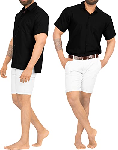 LA LEELA Men Short Sleeve Button Down Shirts Solid Shirt Summer Beach Tops with Pocket Spread Collar Casual Camp Vacation Dress Shirts for Men M Black Plain - Image 4