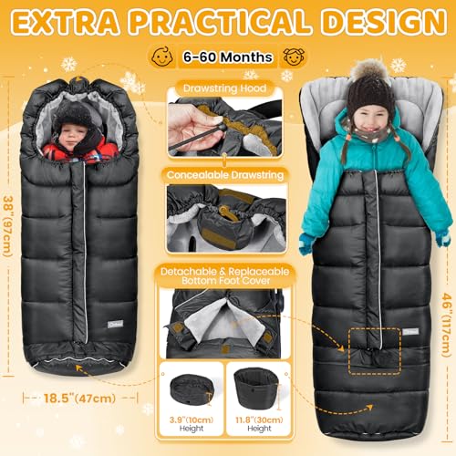 Orzbow Stroller Footmuff Universal WeatherProof Bunting Bag for Toddler Warm Fleece Sleeping Bag for Cold Weather Easily Attaches to Most Strollers Baby Boys Girls Winter Essentials Black - Image 3