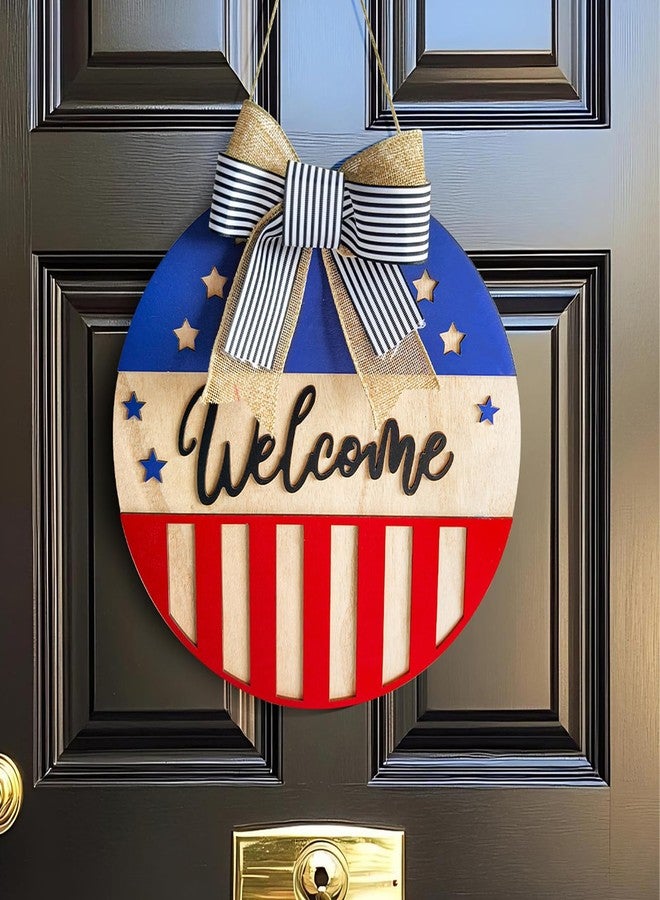 Adonisaon 4th of July Welcome Door Wreath Patriotic Wooden Sign Star Red White Blue with Striped Bow Hanging Pendant for Front Door Independence Day Party Decorations - Image 1