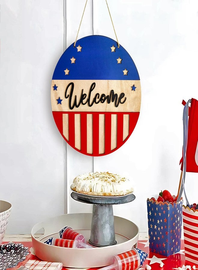 Adonisaon 4th of July Welcome Door Wreath Patriotic Wooden Sign Star Red White Blue with Striped Bow Hanging Pendant for Front Door Independence Day Party Decorations - Image 4