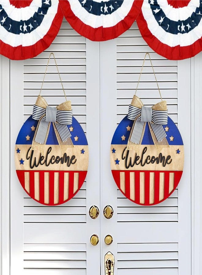 Adonisaon 4th of July Welcome Door Wreath Patriotic Wooden Sign Star Red White Blue with Striped Bow Hanging Pendant for Front Door Independence Day Party Decorations - Image 3