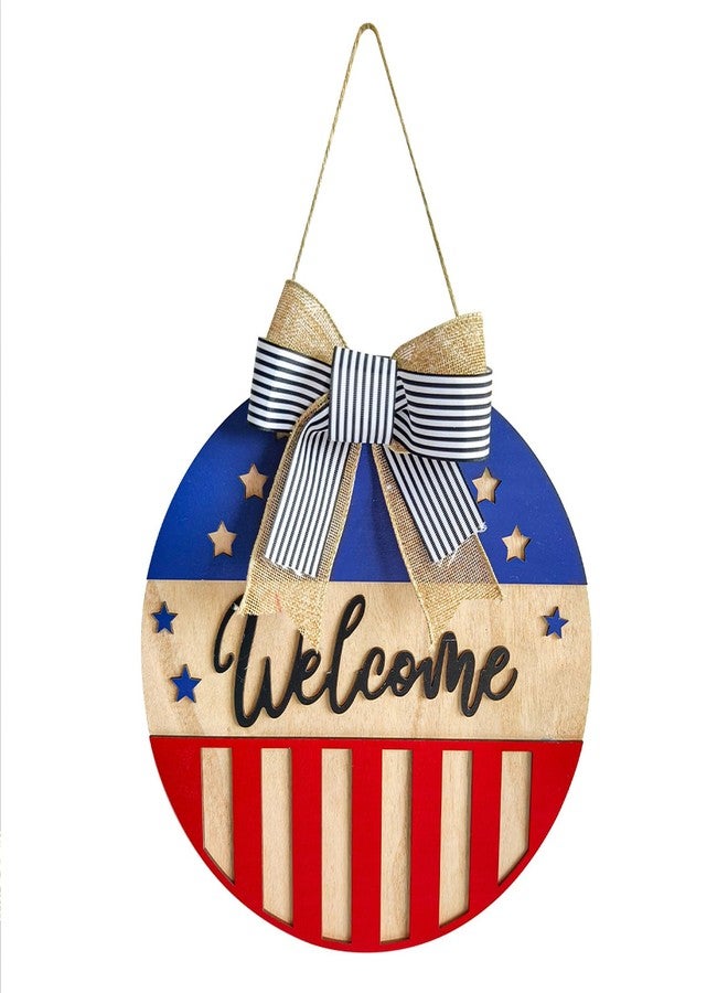 Adonisaon 4th of July Welcome Door Wreath Patriotic Wooden Sign Star Red White Blue with Striped Bow Hanging Pendant for Front Door Independence Day Party Decorations - Image 2