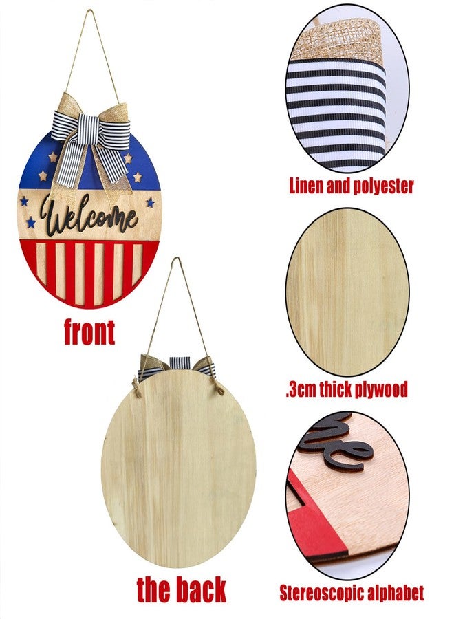 Adonisaon 4th of July Welcome Door Wreath Patriotic Wooden Sign Star Red White Blue with Striped Bow Hanging Pendant for Front Door Independence Day Party Decorations - Image 5