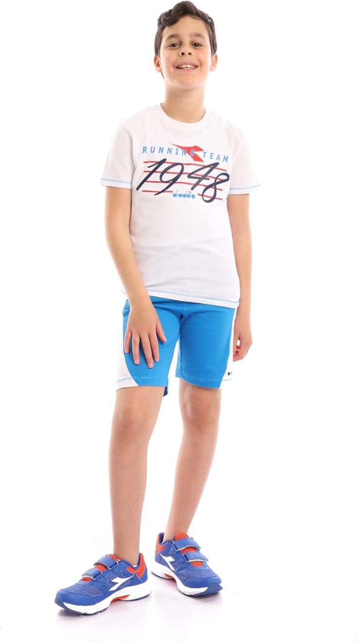 Diadora Cotton Round-Neck T-shirt with Elastic-Waist Shorts Sport Suit For Boys