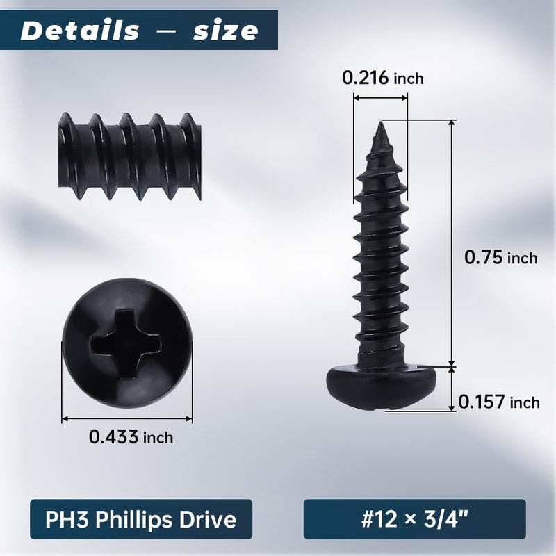 Glvaner #12 x 3/4 inch Phillips Pan Head Self Tapping Screws for Wood, Black Coated, 304 Stainless Steel 18-8, Round Head Sheet Metal Tek Screws, 40 pcs - Image 3