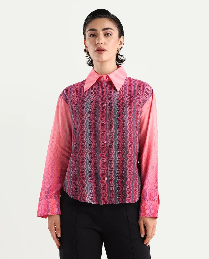 Rareism Women's Collared Neck Abstract Print Shirt