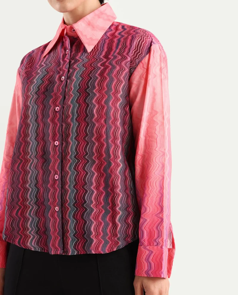 Rareism Women's Collared Neck Abstract Print Shirt