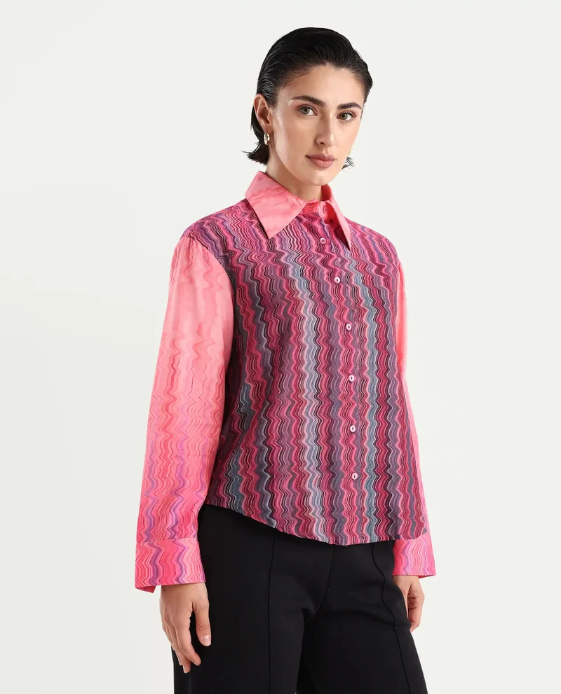 Rareism Women's Collared Neck Abstract Print Shirt