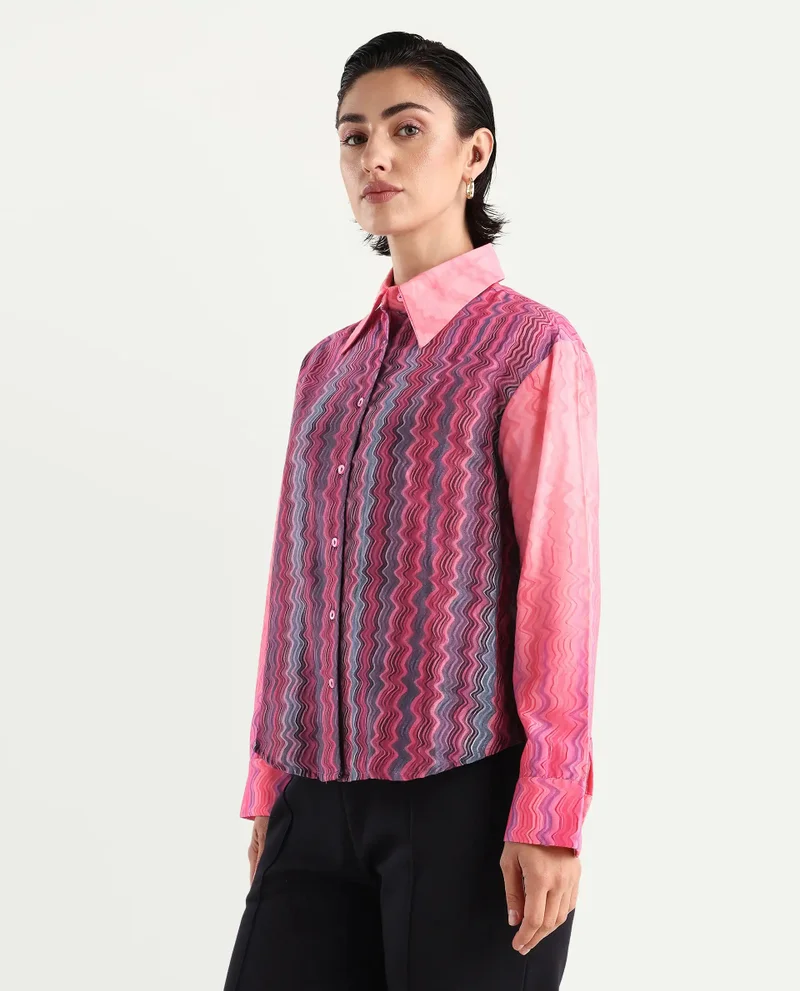 Rareism Women's Collared Neck Abstract Print Shirt
