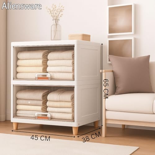 Aliensware 2Pcs X-Large Cabinet Storage Organizer 45 X 38 X 65 CM for Clothes/Cupboard/Plastic Almirah/Foldable Kid Wardrobe for Toys/Stackable Cabinet for Home,Bedroom,Bathroom,Kitchen-Clear - Image 3