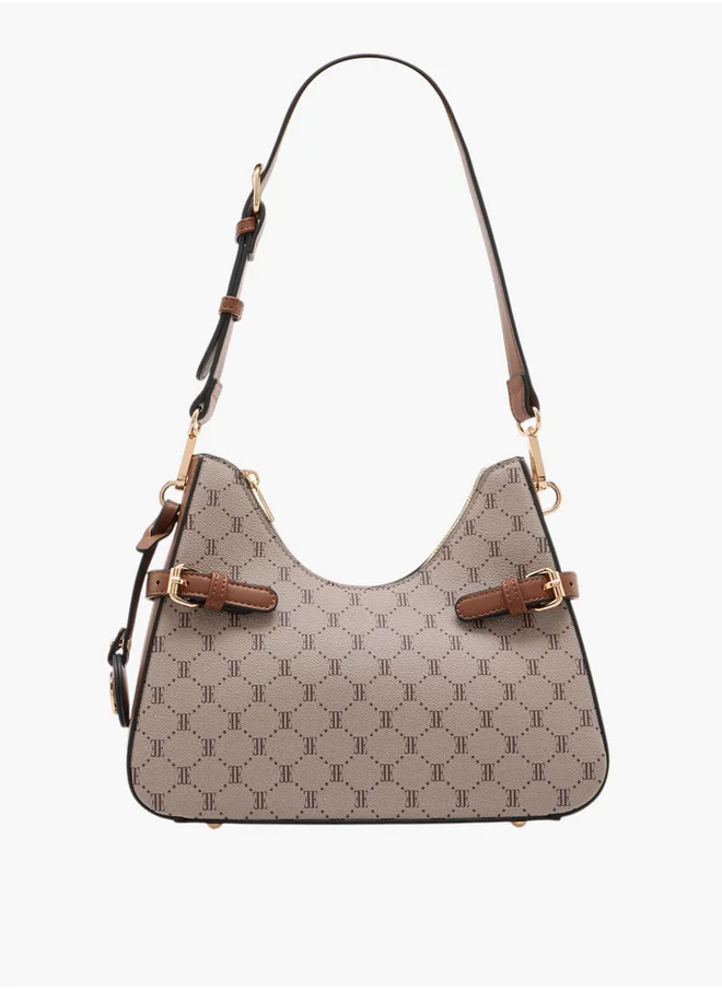 ايل Women's Monogram Print Shoulder Bag with Detachable Strap and Zip Closure