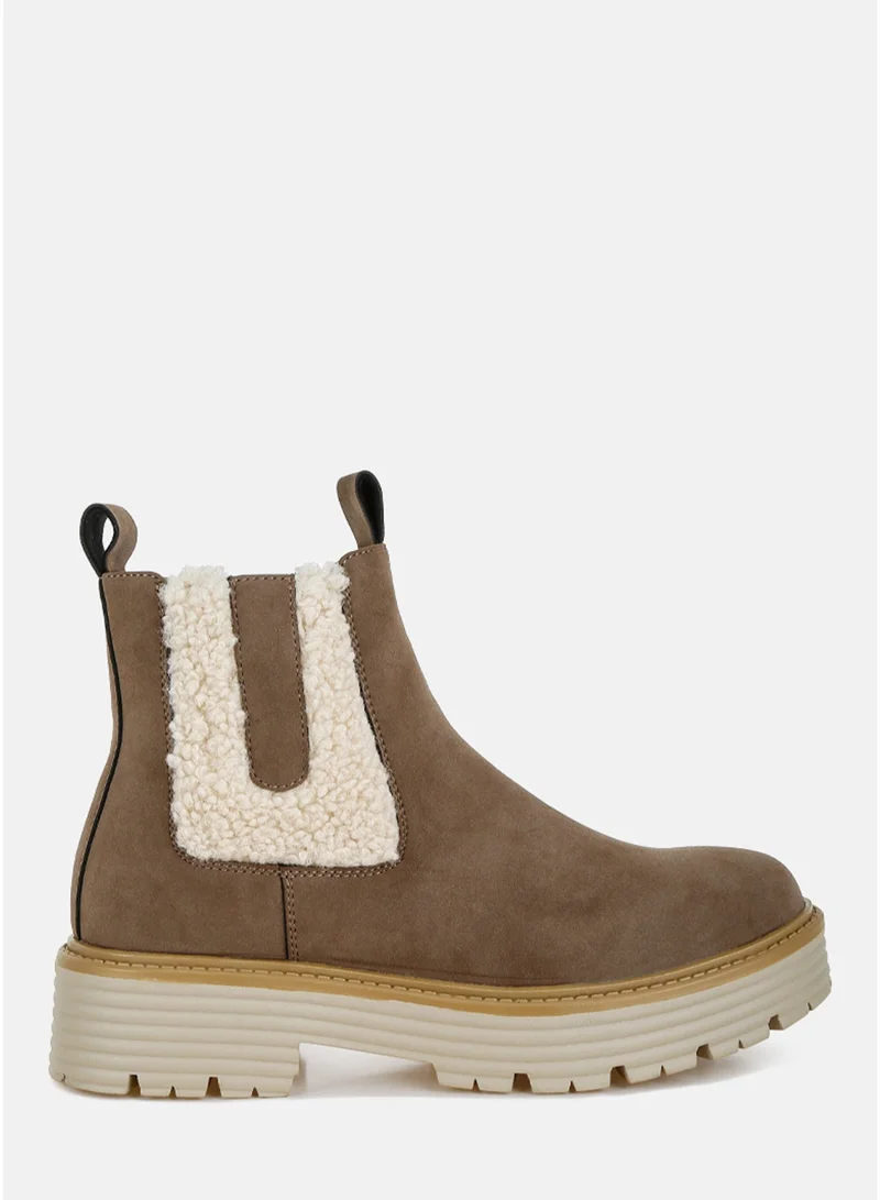 London Rag Women's Faux Fur Detail Chunky Ankle Boots in Taupe
