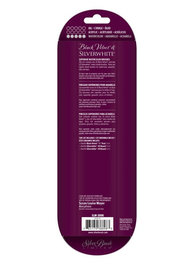 Silver Brush Limited SLM-3099 Susan Louise Moyer Basic Set, Paintbrushes for Watercolor, Gouache, Inks, & Dyes, Set of 3, Size 3/4 Inch Oval and Sizes 6 and 8 Round Paintbrushes, Short Handle  - Image 2