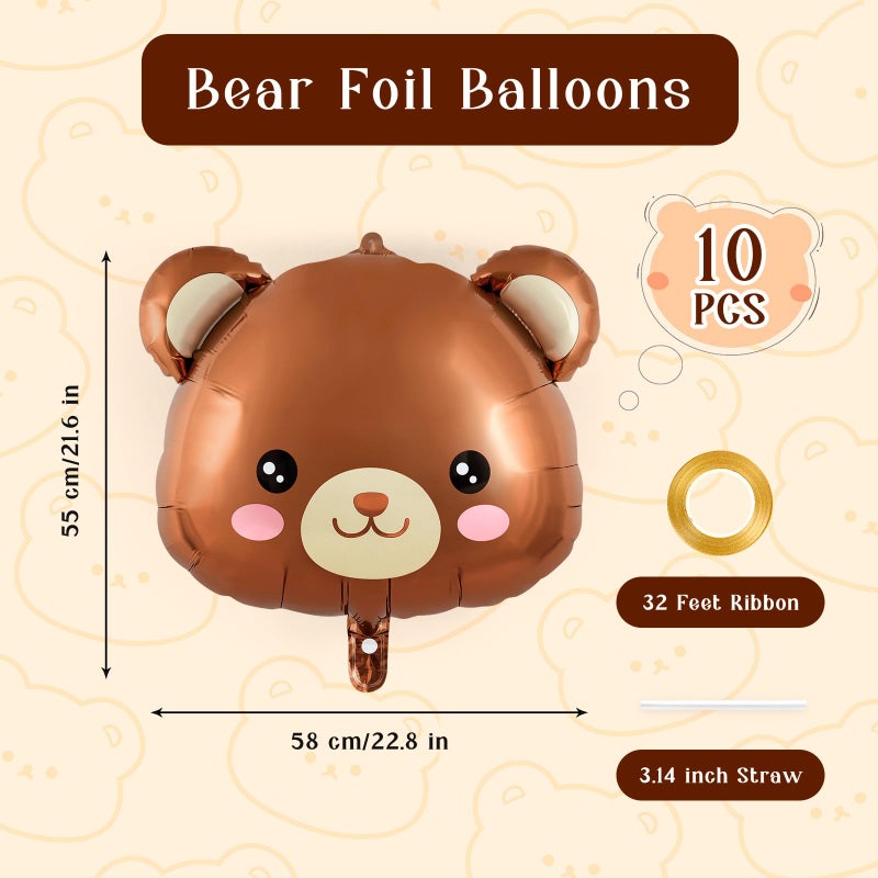 YOTHORN 10 Pcs Large Bear Balloons,22 Inch Bear Head Balloon Brown Bear Foil Balloons,Bear Shaped Animal Balloons for Birthday Party Baby Shower Jungle Theme Party Decoration - Image 2