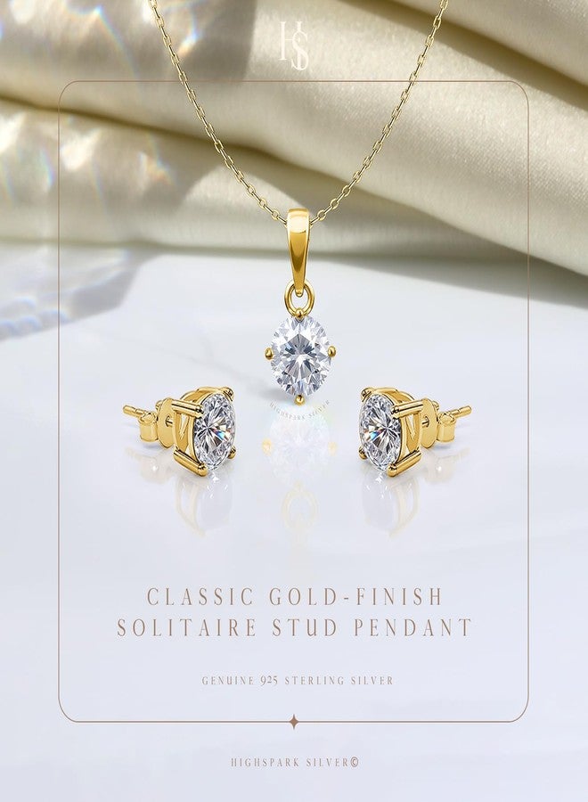 HighSpark 925 Silver Solitaire Earrings Pendant Necklace Set | 92.5 Sterling Silver & Diamond like Brilliance Sparkling Zirconia | Lovely Gift for Women & Girls - Gold Set 8mm - Image 3