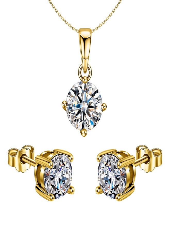 HighSpark 925 Silver Solitaire Earrings Pendant Necklace Set | 92.5 Sterling Silver & Diamond like Brilliance Sparkling Zirconia | Lovely Gift for Women & Girls - Gold Set 8mm - Image 1