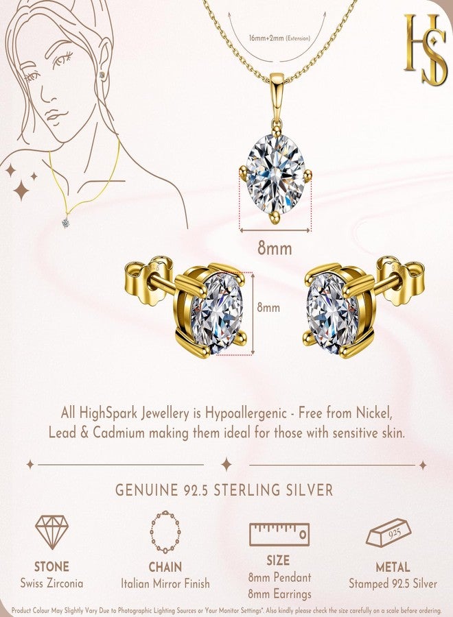 HighSpark 925 Silver Solitaire Earrings Pendant Necklace Set | 92.5 Sterling Silver & Diamond like Brilliance Sparkling Zirconia | Lovely Gift for Women & Girls - Gold Set 8mm - Image 2