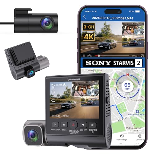 Crossbeats RoadEye DC04 4K Dash Cam for Car | Cabin, Front and Rear 3 Channel Dashcam for car | Sony STARVIS 2 Sensor | Built-in GPS | WiFi | Night Parking Mode |256GB |Smart App 12M Warranty (Black) - Image 1