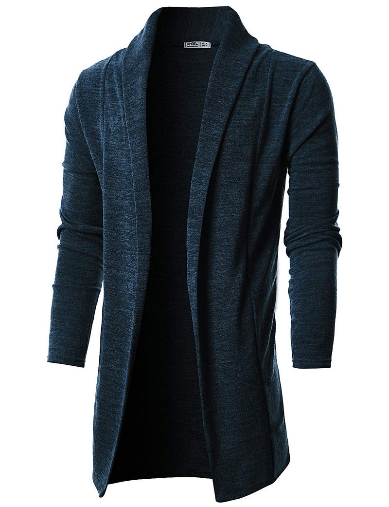 Ohoo Mens Long Sleeve Draped Lightweight Open Front Shawl Collar Longline Cardigan / DCC026-NAVY-XXL - Image 1