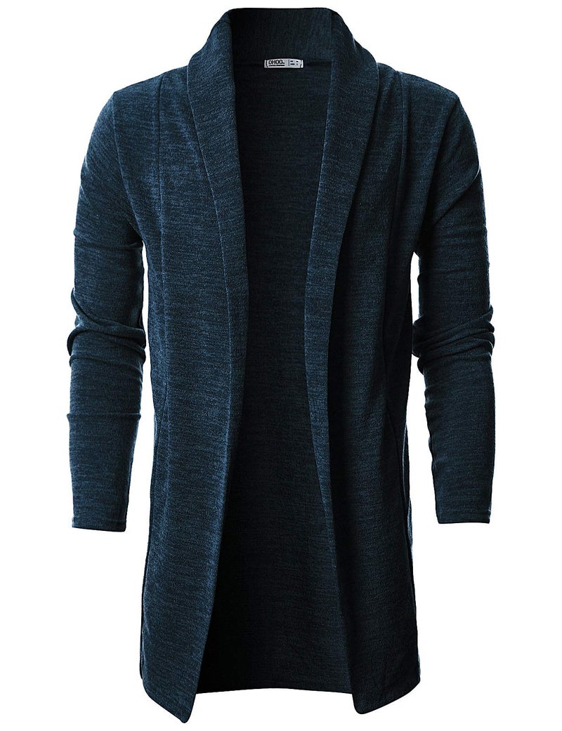 Ohoo Mens Long Sleeve Draped Lightweight Open Front Shawl Collar Longline Cardigan / DCC026-NAVY-XXL - Image 2