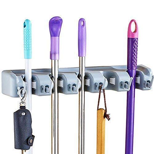 Saransh Mop and Broom Holder Wall Mount and Garden Tool Organizer Closet Storage and Garage Organizer with 5 Retractable Hooks Holds up to 9 Tools Utility Weatherproof Holder Rake Grey  - Image 1
