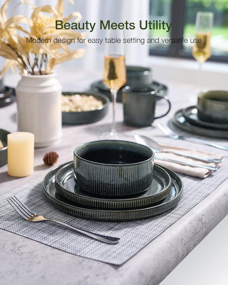 Famiware Star 12-Piece Stoneware Dinnerware Set for 4 - Reactive Glaze Plates and Bowls in Deep Forest - Image 2