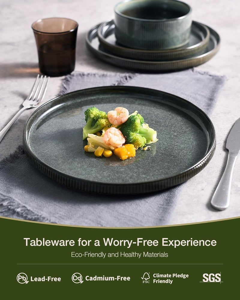 Famiware Star 12-Piece Stoneware Dinnerware Set for 4 - Reactive Glaze Plates and Bowls in Deep Forest - Image 4