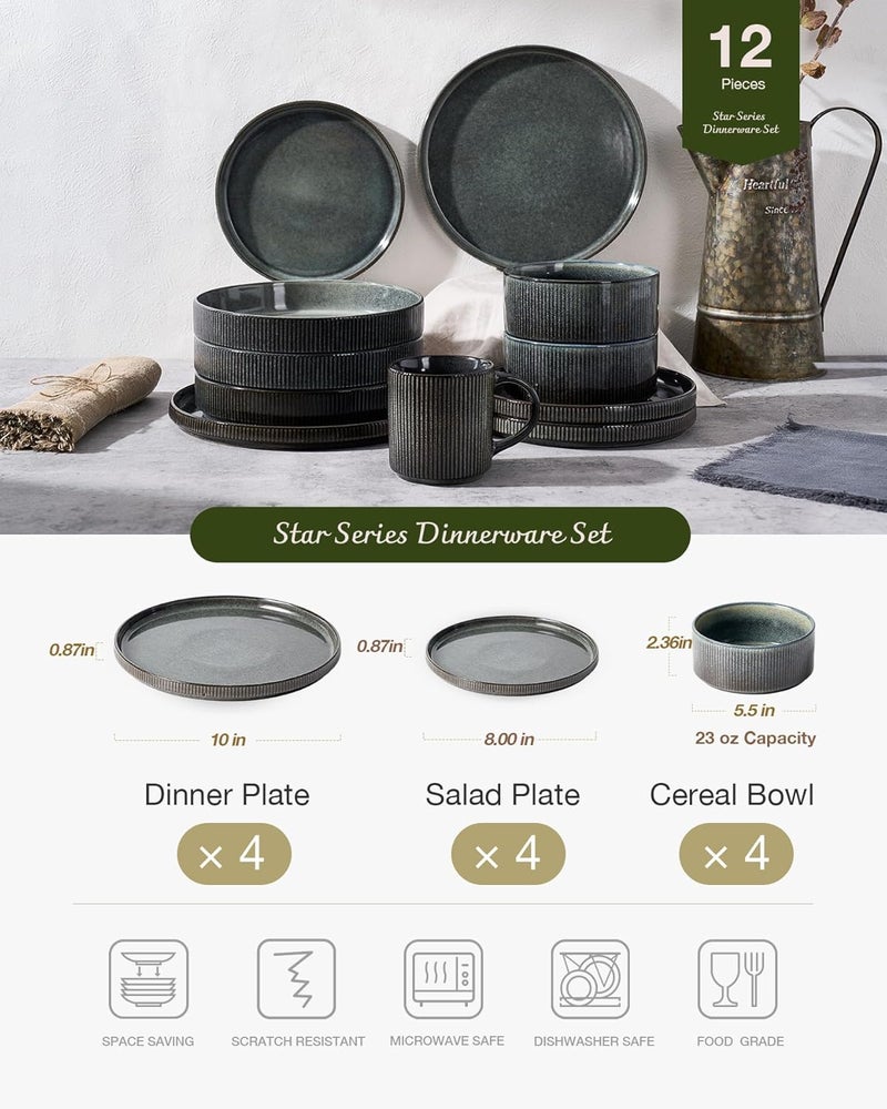 Famiware Star 12-Piece Stoneware Dinnerware Set for 4 - Reactive Glaze Plates and Bowls in Deep Forest - Image 3