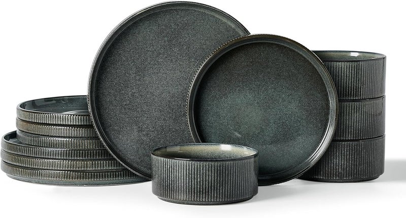 Famiware Star 12-Piece Stoneware Dinnerware Set for 4 - Reactive Glaze Plates and Bowls in Deep Forest - Image 1