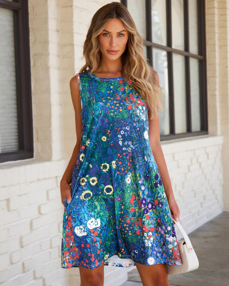 elescat Summer T-Shirt Dress for Women Sleeveless Beach Bohemian Floral Sundress Tunic Swing Casual Loose Pockets(Blue Garden Floral,L) - Image 2