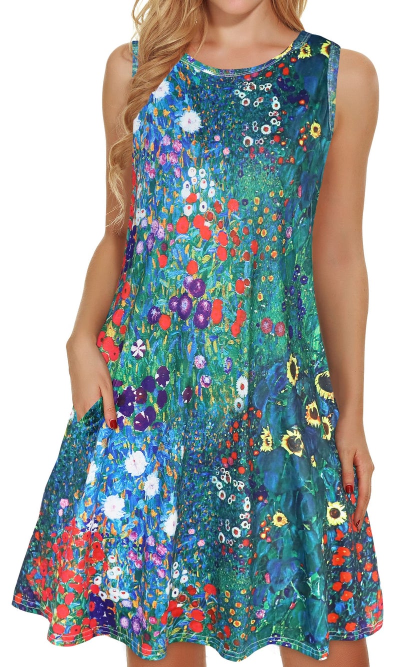 elescat Summer T-Shirt Dress for Women Sleeveless Beach Bohemian Floral Sundress Tunic Swing Casual Loose Pockets(Blue Garden Floral,L) - Image 1
