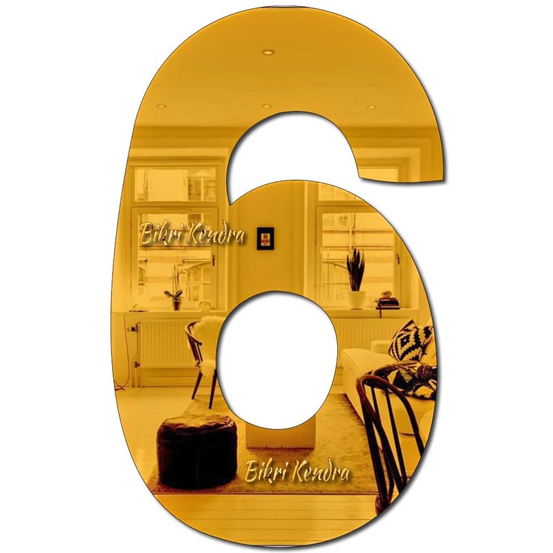Bikri Kendra Bikri Kendra Number 6 6inch X 6inch Big Size Mirror Numerical for Art and Craft Mirror Stickers for Wall Acrylic Stickers Wall Decoration Numerical Mirror Stickers Golden_6_6Inch 1  - Image 1