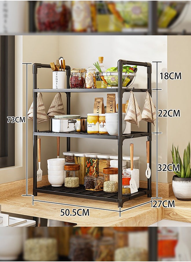 3 Tier Storage Shelves, Stable Kitchen Shelf Organizer, Storage Rack with Armrests, Removable Free Standing Rack with Hooks, Multipurpose Rack, Shelving Unit for Laundry Room,Living Room,Garage,Pantry,Study Room