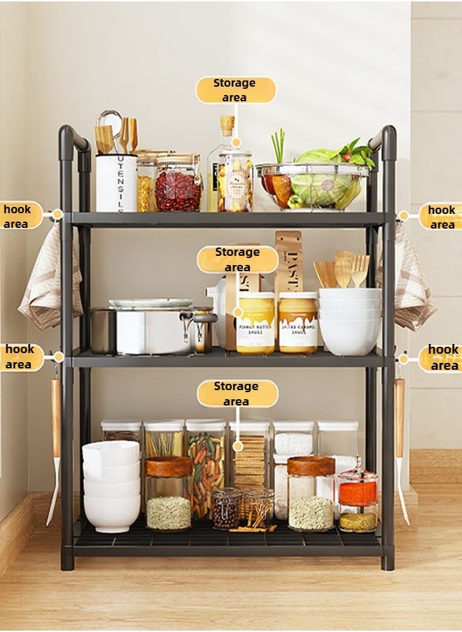 3 Tier Storage Shelves, Stable Kitchen Shelf Organizer, Storage Rack with Armrests, Removable Free Standing Rack with Hooks, Multipurpose Rack, Shelving Unit for Laundry Room,Living Room,Garage,Pantry,Study Room