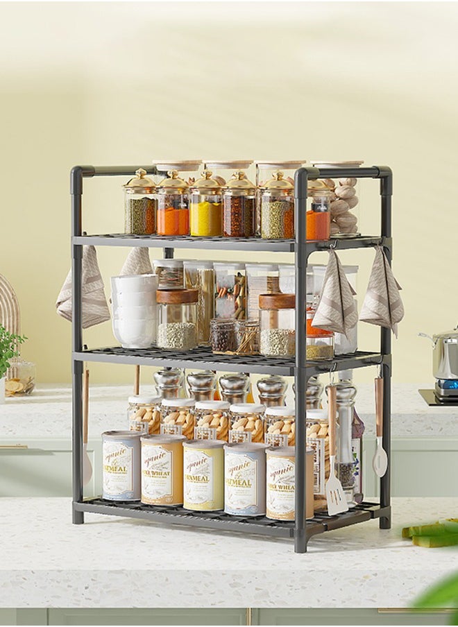 3 Tier Storage Shelves, Stable Kitchen Shelf Organizer, Storage Rack with Armrests, Removable Free Standing Rack with Hooks, Multipurpose Rack, Shelving Unit for Laundry Room,Living Room,Garage,Pantry,Study Room