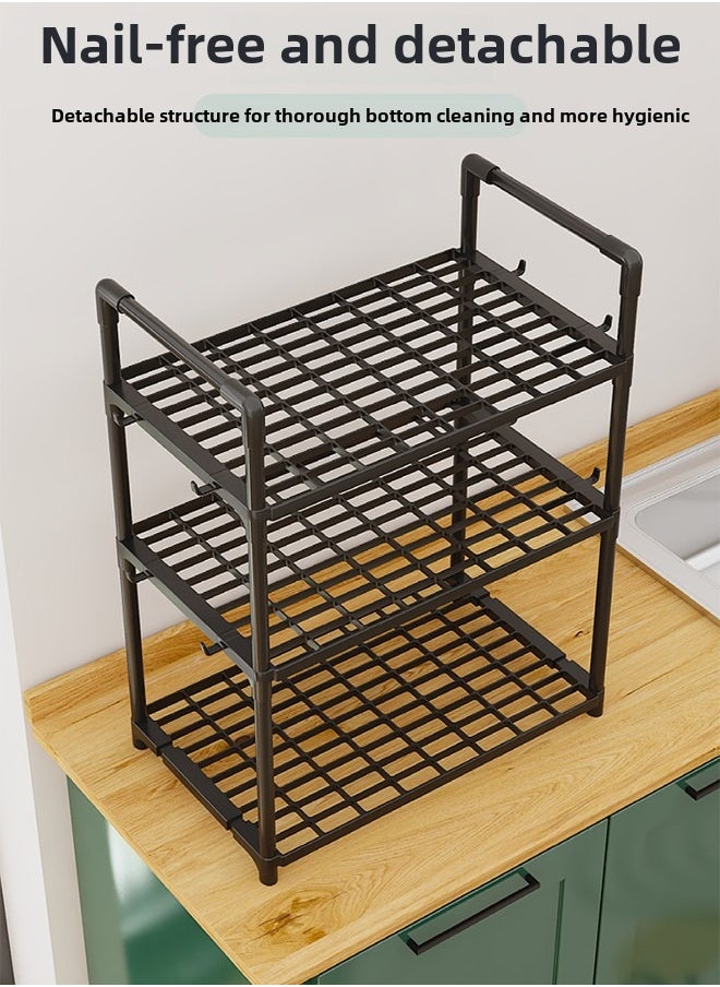 3 Tier Storage Shelves, Stable Kitchen Shelf Organizer, Storage Rack with Armrests, Removable Free Standing Rack with Hooks, Multipurpose Rack, Shelving Unit for Laundry Room,Living Room,Garage,Pantry,Study Room