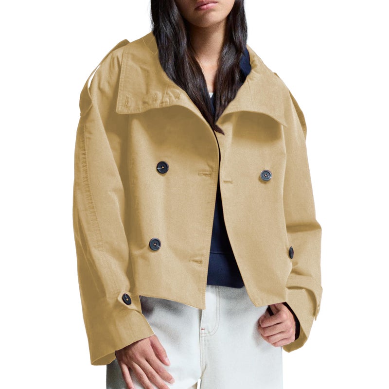 Maohao Women's Cropped Trench Coat Double Breasted Short Jacket High Collar Fall Winter Coats Trendy Outfit with Belt(Khaki,XL) - Image 4